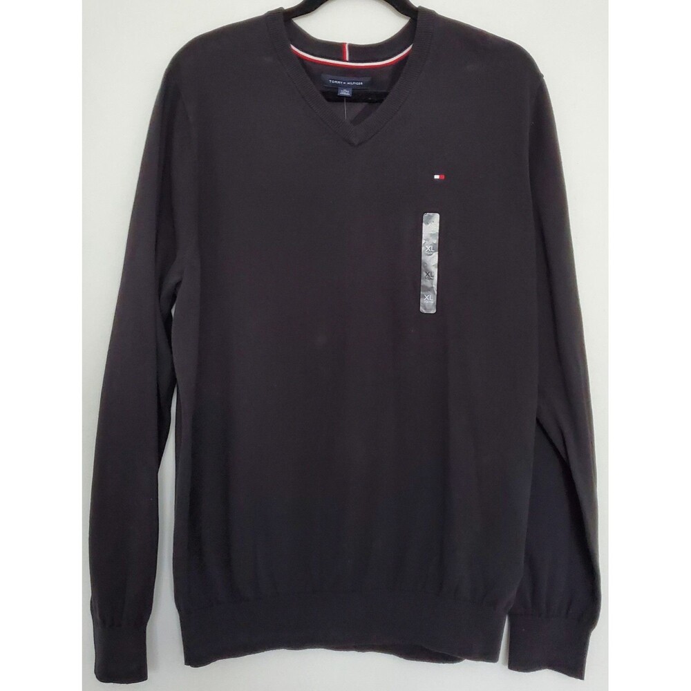 Tommy Hilfiger V-Neck Sweater Mens XL Black NWT Premium Cotton Core Logo
